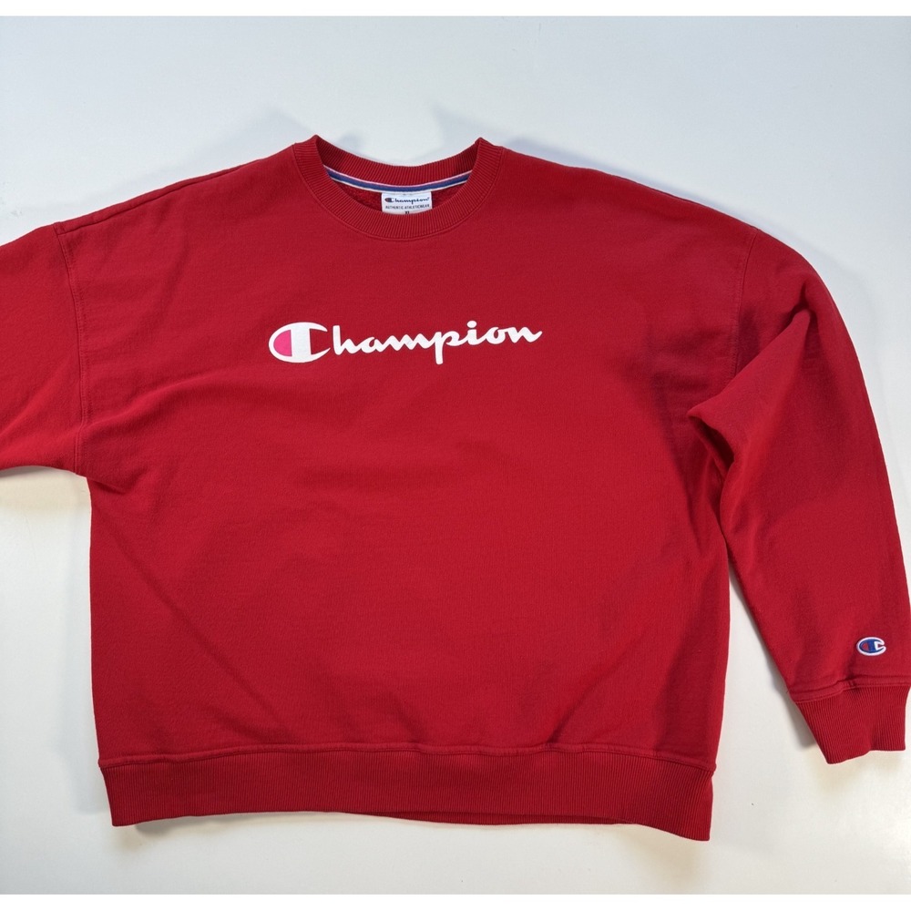 CHAMPION Fleece Pullover Mid-Weight Crew Neck Sweatshirt Womens XL Red Loose Fit